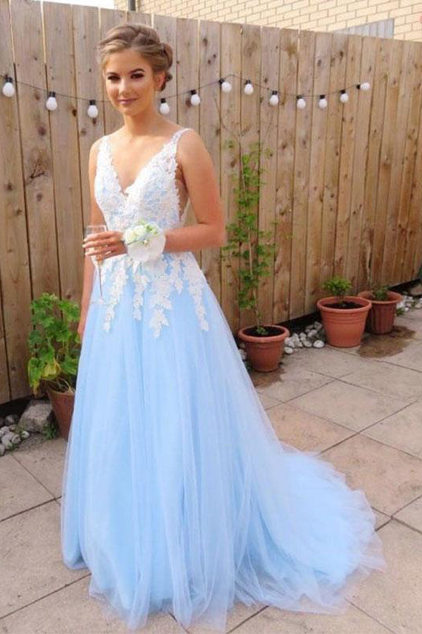 Elegant Blue Tulle A line V neck Lace ...